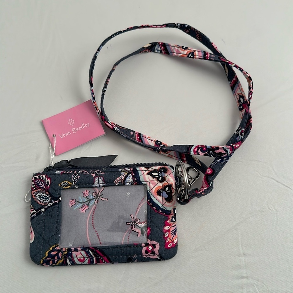 Vera Bradley Felicity Paisley Zip ID Holder Lanyard multicolor gray pink blue
